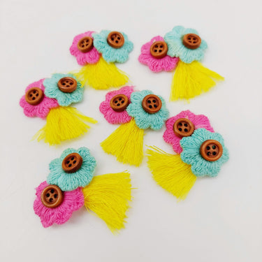 Pink and Blue Floral Applique With Wooden Buttons and Yellow Tassel x 2